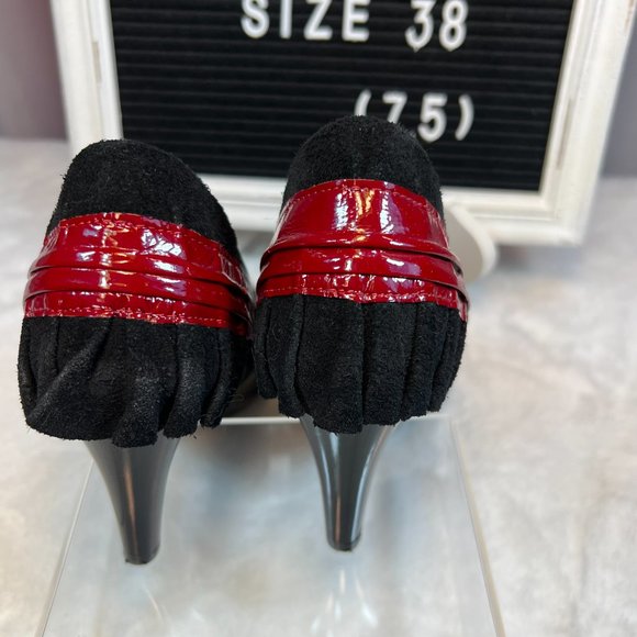 CHANII B Black Leather w Red Leopard Ruffle & Trim w Red Trim on Heels-38 - Picture 9 of 16